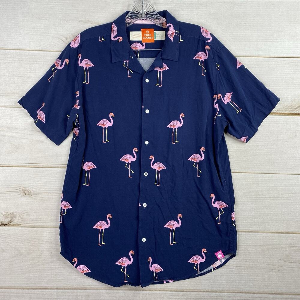 Free Planet Shirt Mens Sz L Blue Pink Flamingo Short Sleeve Button Up Graphic